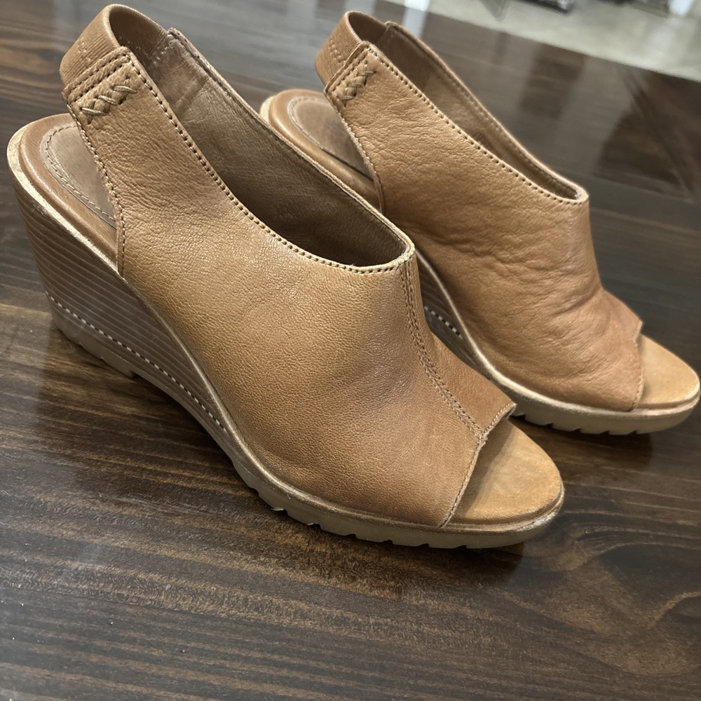 Sorel NWOT AFTER HOURS Wedge Sandals Leather Slingback Open Toe CAMEL Heels 6.5
